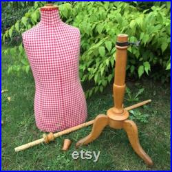 Pièce Unique Vtg French 1950-60 CHILD MANNEQUIN Red White VICHY Check Fabric Lined Tripod Stand Adjustable Dummy DressForm Kindermannequin