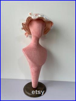 Pink Suede Velvet Antique Wooden Base Female Mannequin Head with Shoulders Flavia