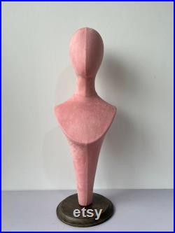Pink Suede Velvet Antique Wooden Base Female Mannequin Head with Shoulders Flavia