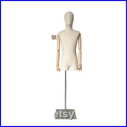 Pinnable Adjustable Silver Base Wooden Arms Male Mannequin Dress Form Heather