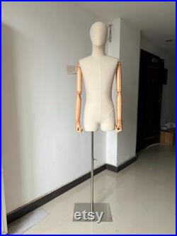 Pinnable Adjustable Silver Base Wooden Arms Male Mannequin Dress Form Heather