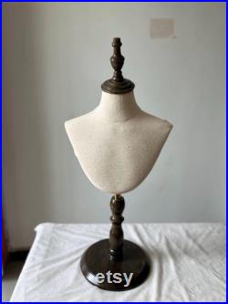 Pinnable Sewing Dark Wooden Base Natural Linen Female Mannequin Bust Stand Daisy