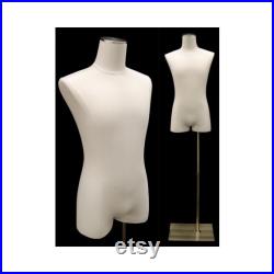 Pinnable White Linen Adult Male Dress Form Mannequin Torso with Thighs with Base M1WL