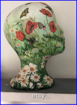 Poppies and daisies mannequin hand painted, decoupaged, collaged original artwork female