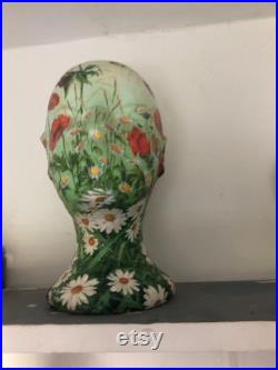 Poppies and daisies mannequin hand painted, decoupaged, collaged original artwork female
