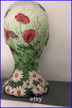 Poppies and daisies mannequin hand painted, decoupaged, collaged original artwork female