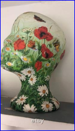 Poppies and daisies mannequin hand painted, decoupaged, collaged original artwork female