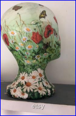 Poppies and daisies mannequin hand painted, decoupaged, collaged original artwork female