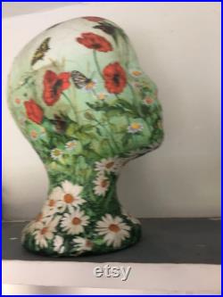 Poppies and daisies mannequin hand painted, decoupaged, collaged original artwork female