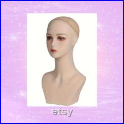 Precious Realistic Freckled Face Mannequin Head and Chest Wig Display Pierced Eyes and Hairnet NEW
