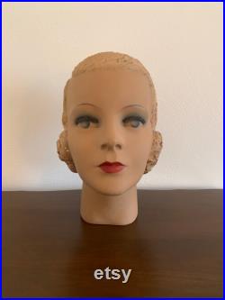 RARE 1930's Korrect-Way Blonde, Blue-Eyes, Red Lip Plaster Mannequin Head, Outstanding Condition