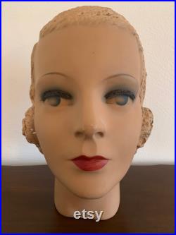 RARE 1930's Korrect-Way Blonde, Blue-Eyes, Red Lip Plaster Mannequin Head, Outstanding Condition