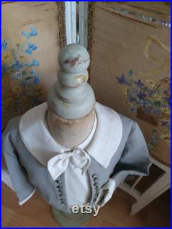 RARE Antique Miniature Child Tailor's Dummy With Vintage Bow Jacket Blouse Mannequin From France Brocante Boudoir Clothing Faded Blue Old