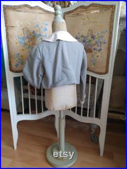 RARE Antique Miniature Child Tailor's Dummy With Vintage Bow Jacket Blouse Mannequin From France Brocante Boudoir Clothing Faded Blue Old