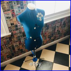 RARE Venus 1970s Mid century Tailors Dummy Mannequin Electric Blue fabric Adjustable Turn and Lock waist bust and hips makers piece