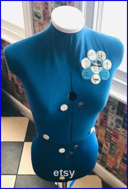 RARE Venus 1970s Mid century Tailors Dummy Mannequin Electric Blue fabric Adjustable Turn and Lock waist bust and hips makers piece