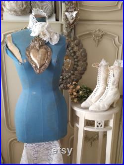 RAR in blue Authentic shabby chic decoration. Antique brocante wasp waist dress form mannequin from France