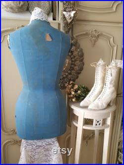 RAR in blue Authentic shabby chic decoration. Antique brocante wasp waist dress form mannequin from France