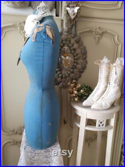 RAR in blue Authentic shabby chic decoration. Antique brocante wasp waist dress form mannequin from France