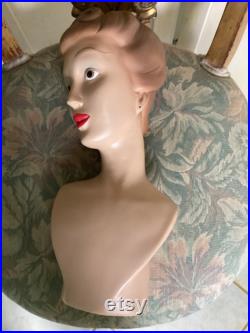 REDUCED Vintage 30-40 s Plaster 14 Female Bust Mannequin, Earring Holes