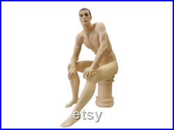 Realistic Face Adult Male Seated Fiberglass Mannequin with Molded Hair Stool KW12F