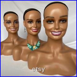 Realistic Female Adult Smiling Mannequin Head with Bust Shoulders Wig, Jewelry, Hat, Accessory and Product Displays and More