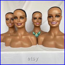 Realistic Female Adult Smiling Mannequin Head with Bust Shoulders Wig, Jewelry, Hat, Accessory and Product Displays and More