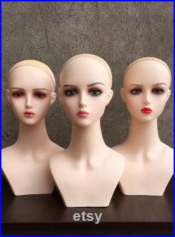 Realistic Female Display Head Mannequin with Long Neck for Necklace Earrings Hat Wig Display