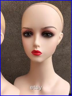 Realistic Female Display Head Mannequin with Long Neck for Necklace Earrings Hat Wig Display