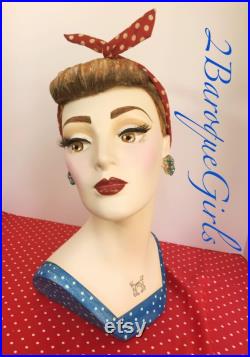 Retro Mannequin Head, Rosie the Riveter, Rockabilly Girl, Hand Painted