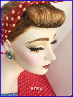 Retro Mannequin Head, Rosie the Riveter, Rockabilly Girl, Hand Painted