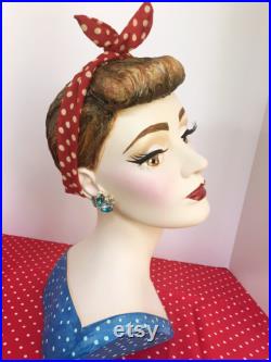 Retro Mannequin Head, Rosie the Riveter, Rockabilly Girl, Hand Painted