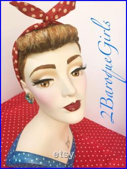 Retro Mannequin Head, Rosie the Riveter, Rockabilly Girl, Hand Painted