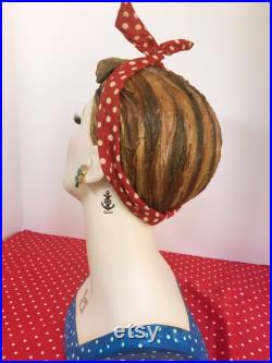 Retro Mannequin Head, Rosie the Riveter, Rockabilly Girl, Hand Painted