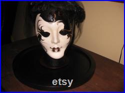 STYROFOAM HEAD With Mardi Gras Ceramic Mask Antique Feather Hat Wood Base 13 3 4 Round Approx 12 High Black White and Gold Face Trinket Tray