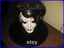 STYROFOAM HEAD With Mardi Gras Ceramic Mask Antique Feather Hat Wood Base 13 3 4 Round Approx 12 High Black White and Gold Face Trinket Tray