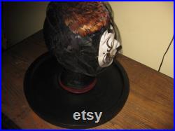 STYROFOAM HEAD With Mardi Gras Ceramic Mask Antique Feather Hat Wood Base 13 3 4 Round Approx 12 High Black White and Gold Face Trinket Tray