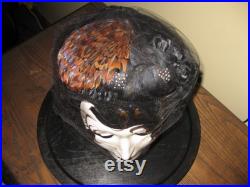 STYROFOAM HEAD With Mardi Gras Ceramic Mask Antique Feather Hat Wood Base 13 3 4 Round Approx 12 High Black White and Gold Face Trinket Tray