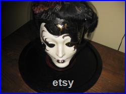 STYROFOAM HEAD With Mardi Gras Ceramic Mask Antique Feather Hat Wood Base 13 3 4 Round Approx 12 High Black White and Gold Face Trinket Tray