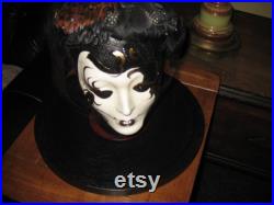 STYROFOAM HEAD With Mardi Gras Ceramic Mask Antique Feather Hat Wood Base 13 3 4 Round Approx 12 High Black White and Gold Face Trinket Tray