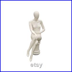 Seated Adult Female Glossy White Fiberglass Egg Head Mannequin with Stool GS9W1