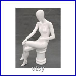 Seated Adult Female Glossy White Fiberglass Egg Head Mannequin with Stool GS9W1