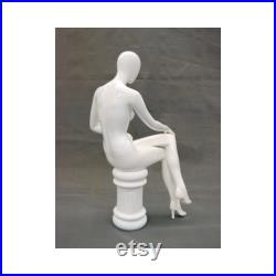 Seated Adult Female Glossy White Fiberglass Egg Head Mannequin with Stool GS9W1