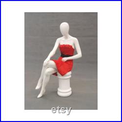 Seated Adult Female Glossy White Fiberglass Egg Head Mannequin with Stool GS9W1