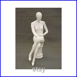 Seated Adult Female Glossy White Fiberglass Egg Head Mannequin with Stool GS9W1