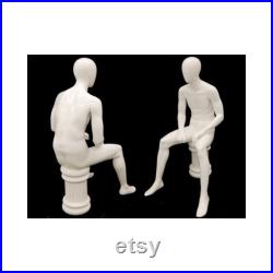 Seated Male Adult Fiberglass Glossy White Mannequin with Stool Included KW15DS