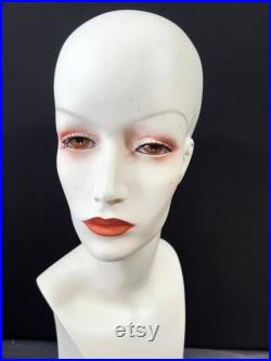 She Walks in Beauty 1970s Revlon Countertop Mannequin with Decal Vintage Prop Head of Woman Wig Hat Display Unusual Decor