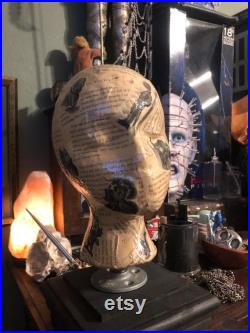 Showcase handcrafted display heads featuring decoupage and epoxy finishes, set upon a black wooden base