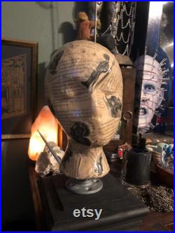 Showcase handcrafted display heads featuring decoupage and epoxy finishes, set upon a black wooden base
