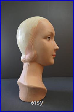 Vintage 1920s Mannequin Head Art Deco, Hat Store Display, Plaster or Composition, issues, sloppy repaint
